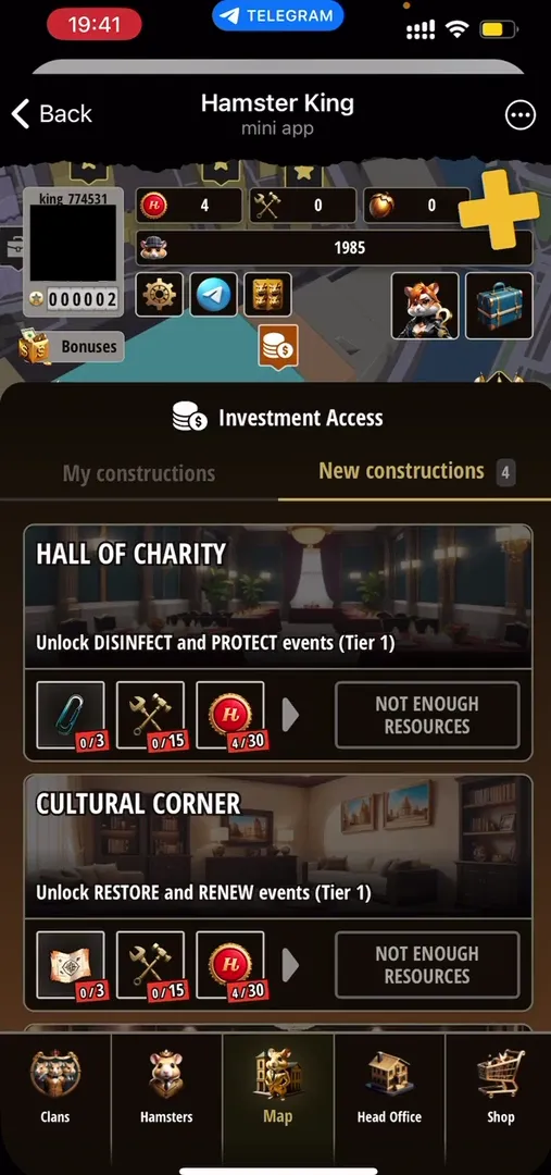 Building construction and upgrade menu