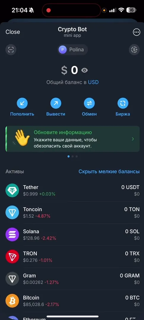 Crypto Bot main screen with asset list