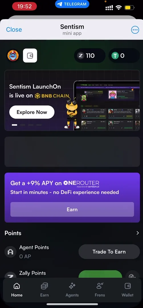 Sentism app main screen with AI agent and menu