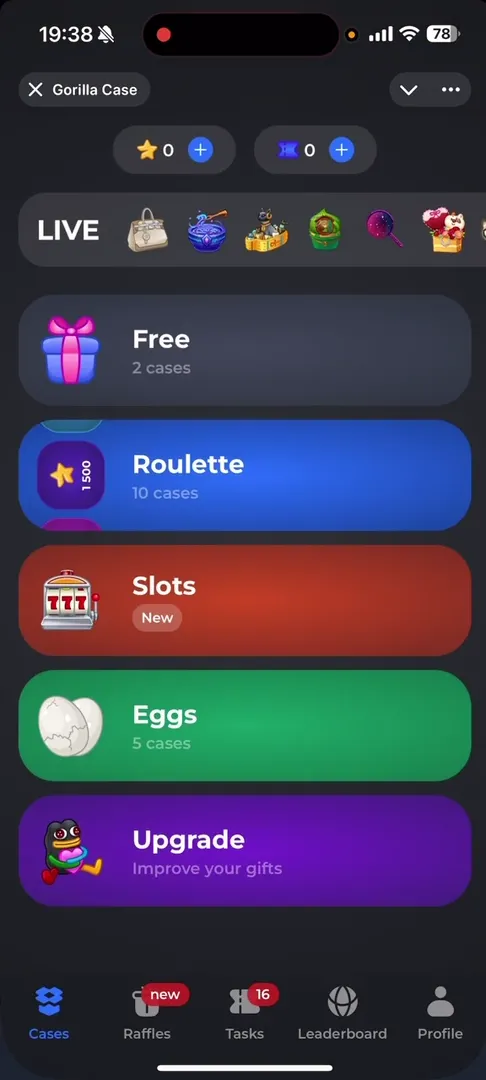 Gorilla Case app main screen with game sections