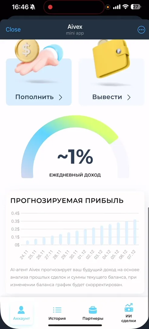 Projected profit chart and withdrawal section