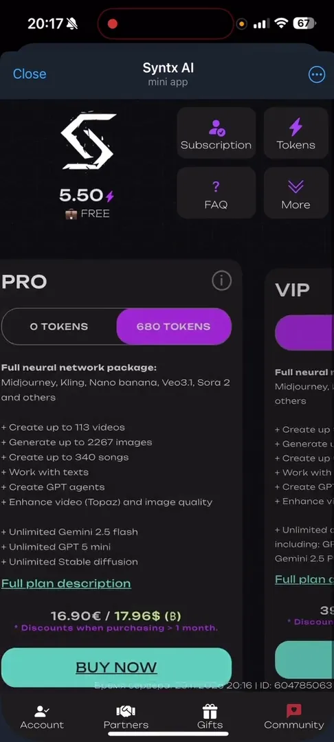 Subscription plans and token balance in Syntx AI