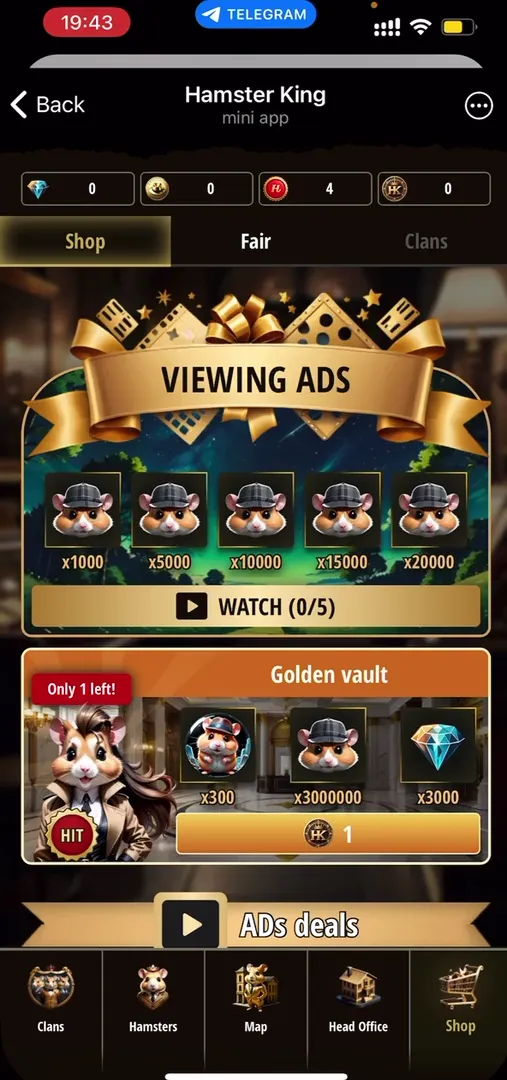 Shop and ad viewing section in Hamster King
